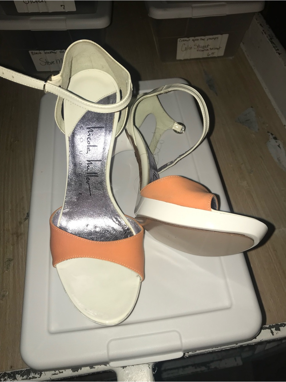 Vintage Nicole Miller White and Peach Open-Toe Ankle Strap Heels